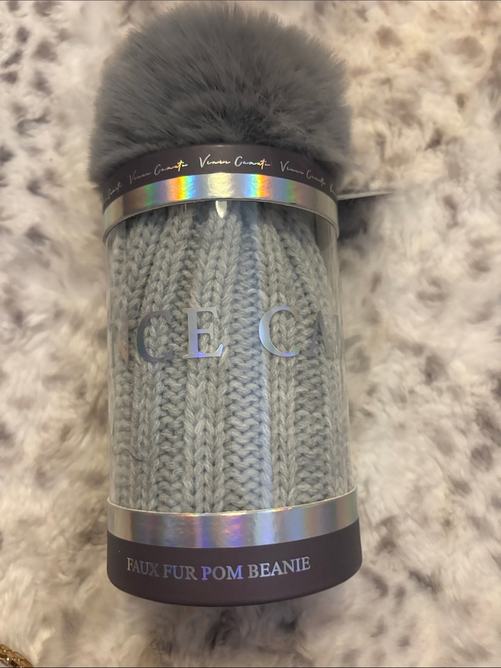 Faux Fur Pom Beanie - Light Gray